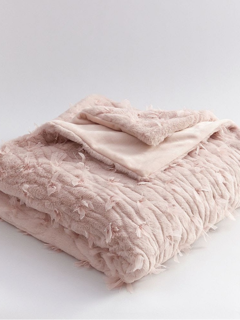 LoveShackFancy Feather-Trim Plush Throw in Blush Pink